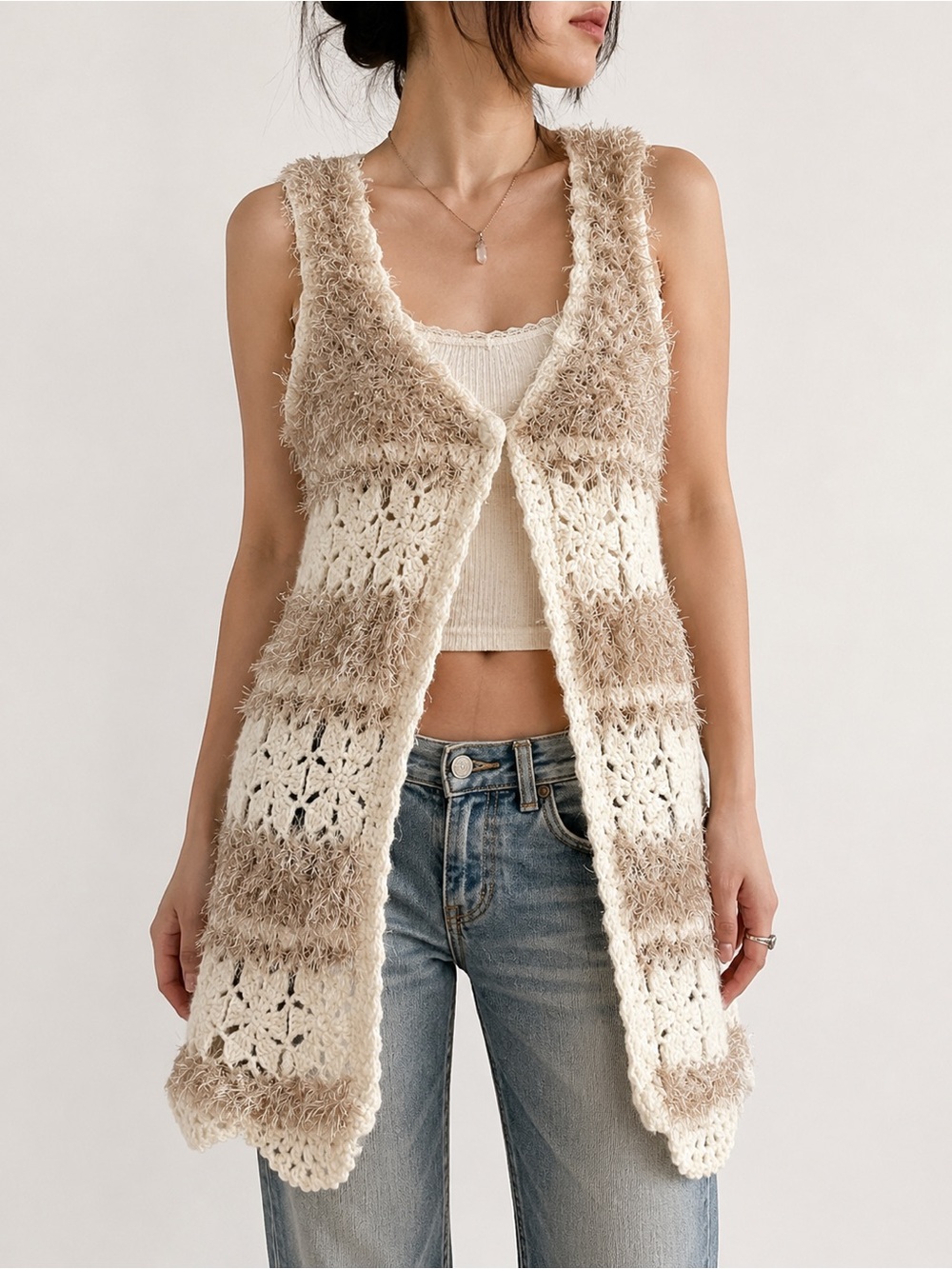 Language Clothing Boho Crochet Longline Vest - Silk & Wool Blend - Cream/Tan